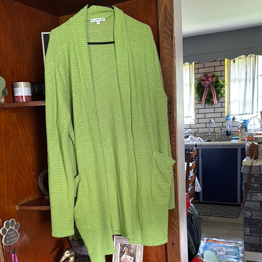 Source Unknown Green Cardigan Vibrant Open-Front Knit